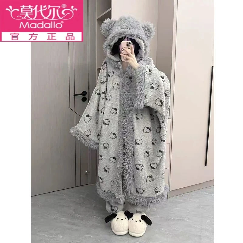 莫代尔灰Kt冬款斗篷带袖子毛绒睡衣加厚睡衣外穿韩版网红时尚宽松