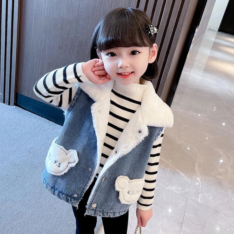 FAVMARTHA女童马甲秋冬款2025新款儿童冬装女宝宝加绒牛仔背心外
