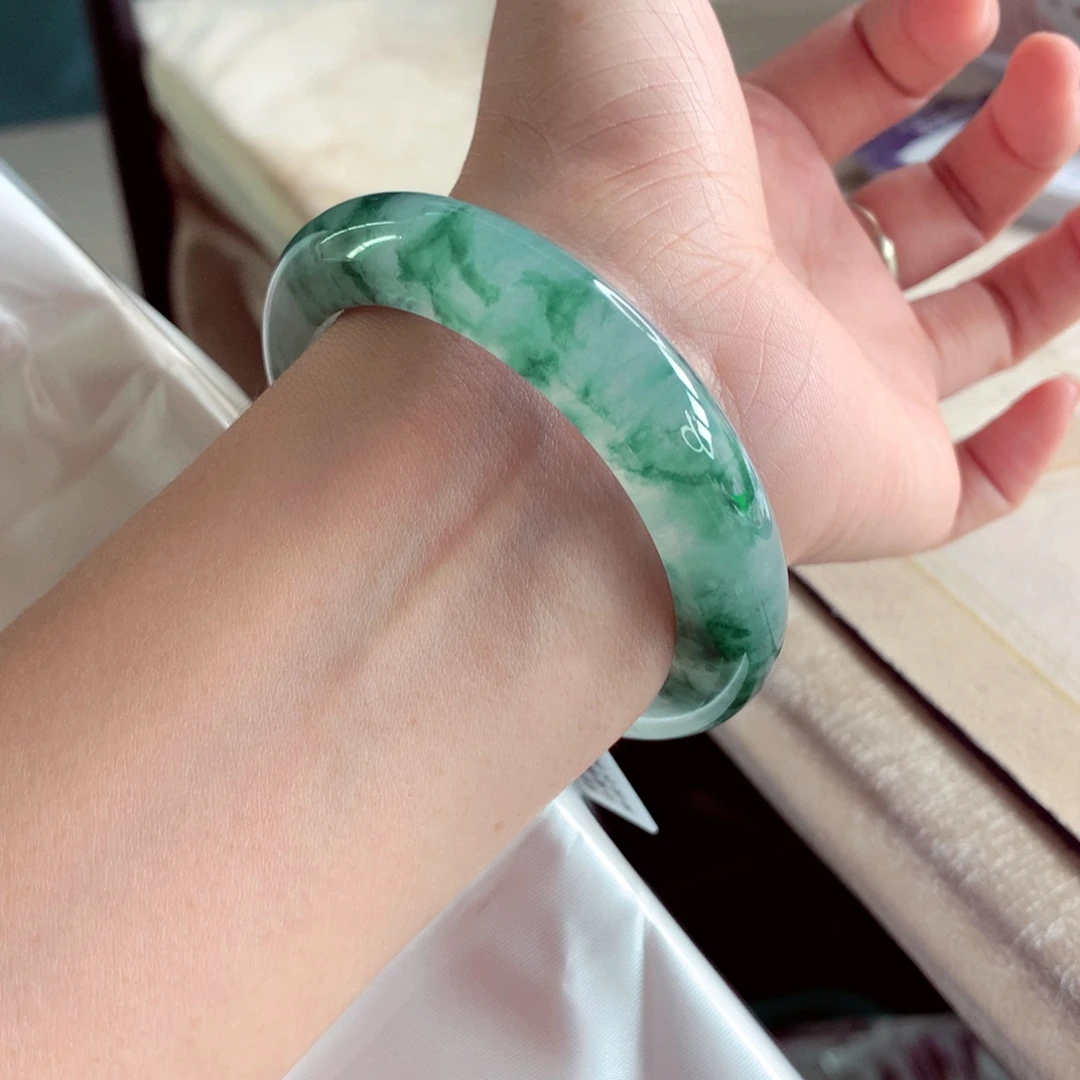 翡翠未镶嵌手镯54.4新货起光冰飘意境花水墨丹青小万战斗机A