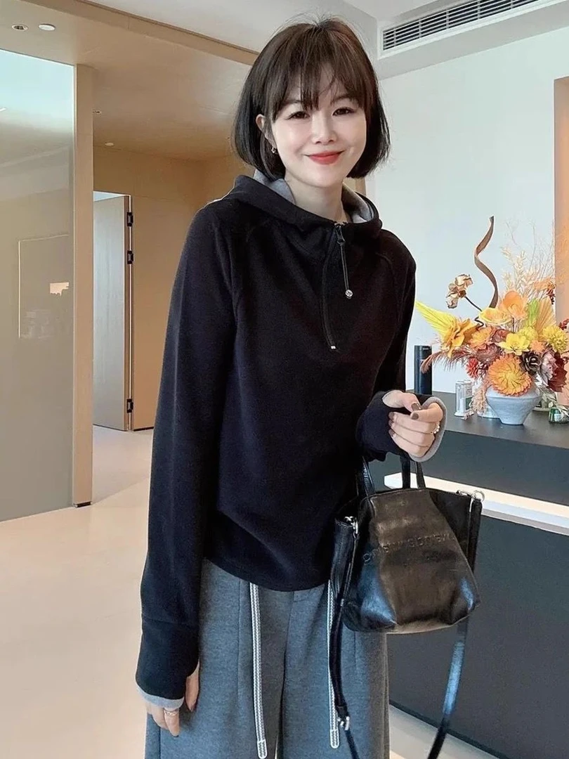 撞色双面德绒加厚连帽半拉链内搭打底衫女秋冬季气质高级感上衣