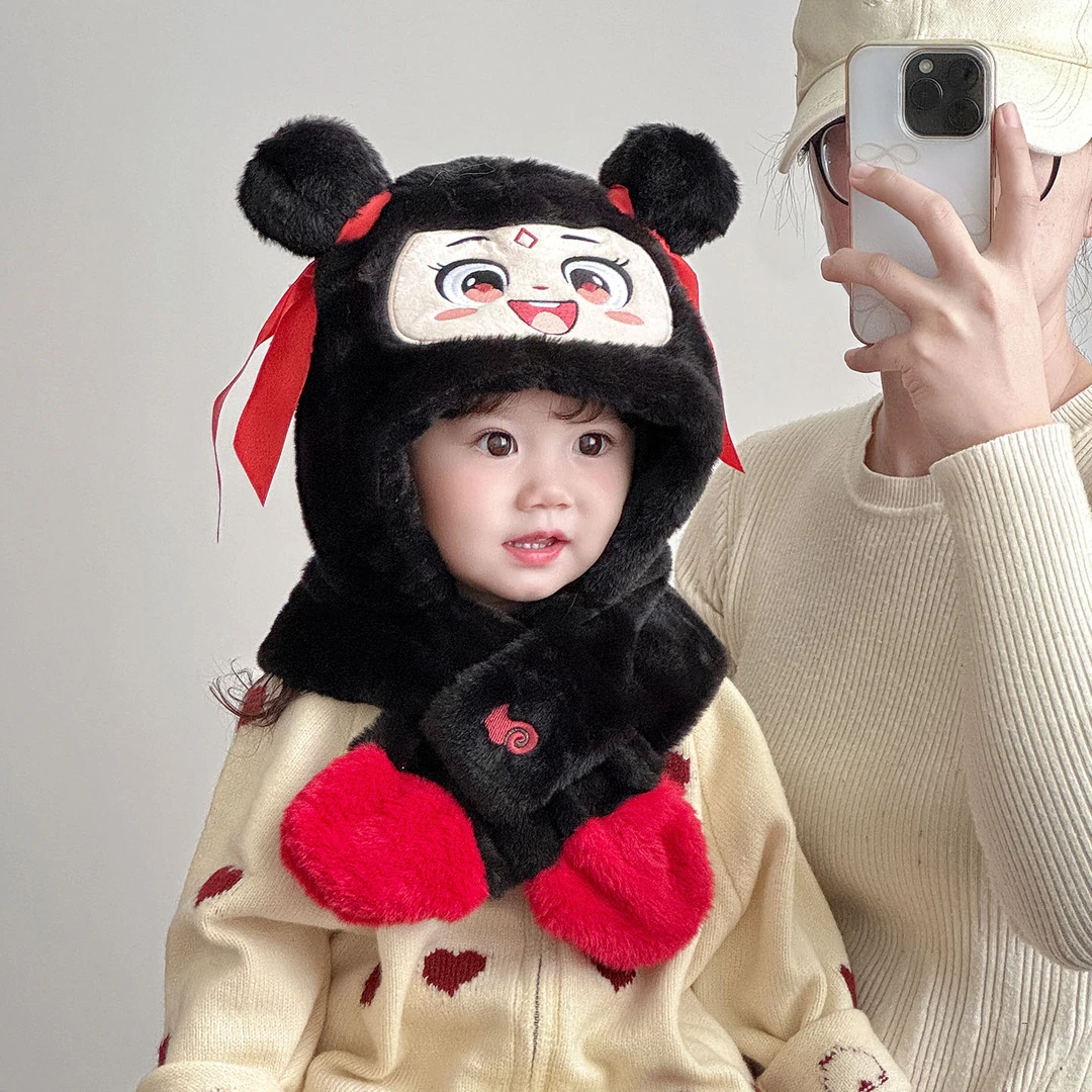 儿童帽子冬季套头护耳毛绒帽男童女童可爱卡通保暖围巾一体帽宝宝