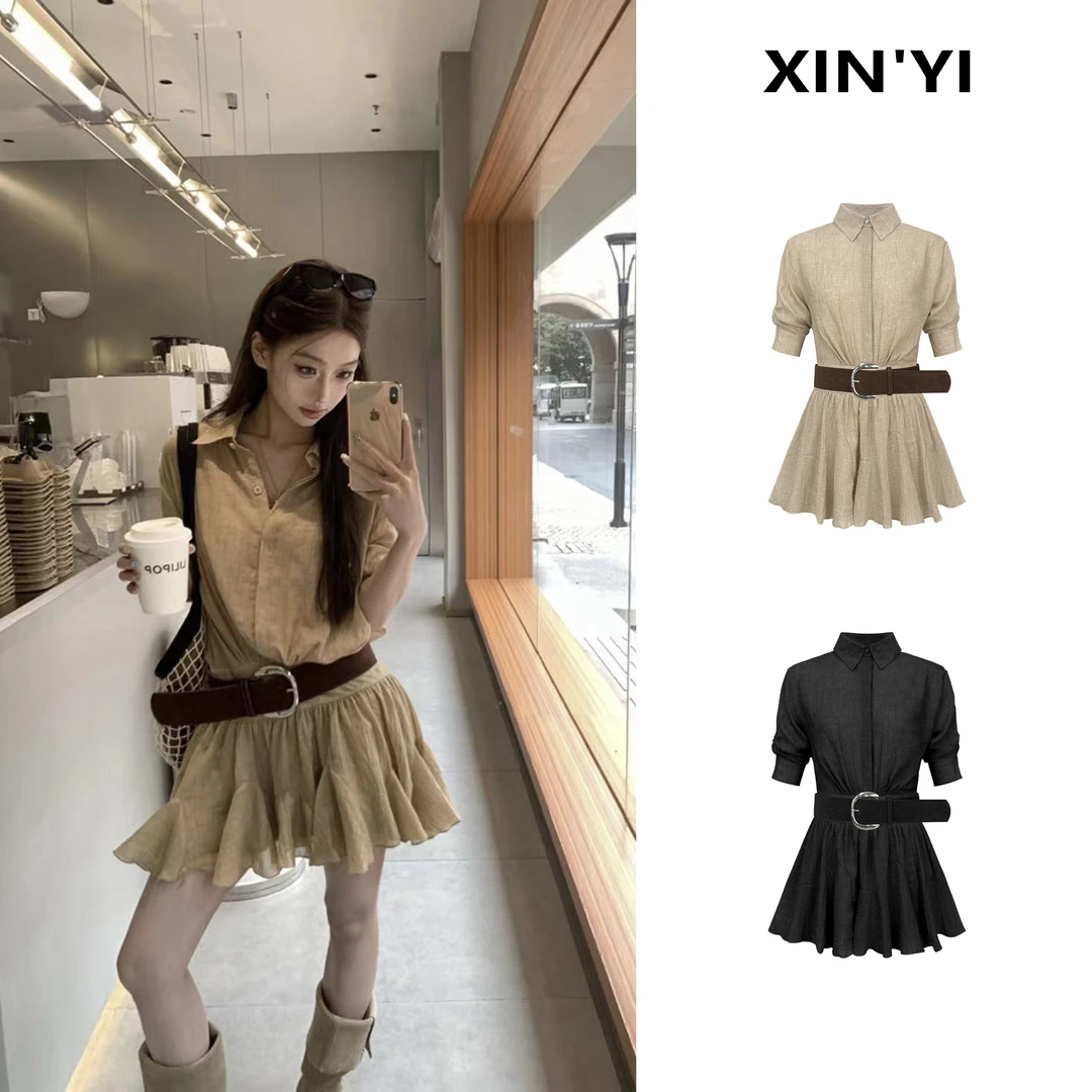 夏季新款女装衬衫连衣裙假两件拼接短袖衬衫百褶短裙+腰带C 8829#