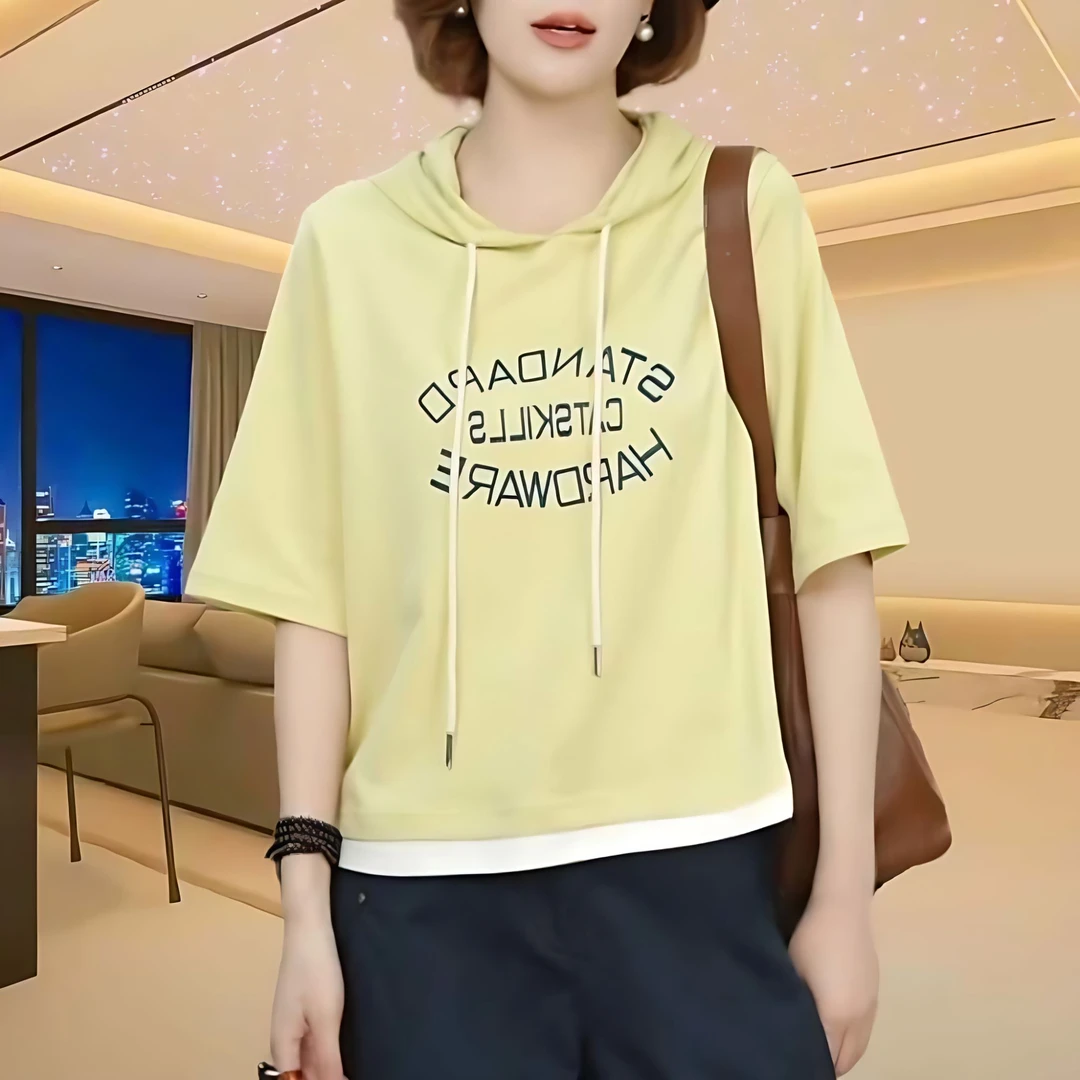 休闲慵懒风衣服夏季连帽短袖T恤2025新款时尚洋气字母百搭上衣女
