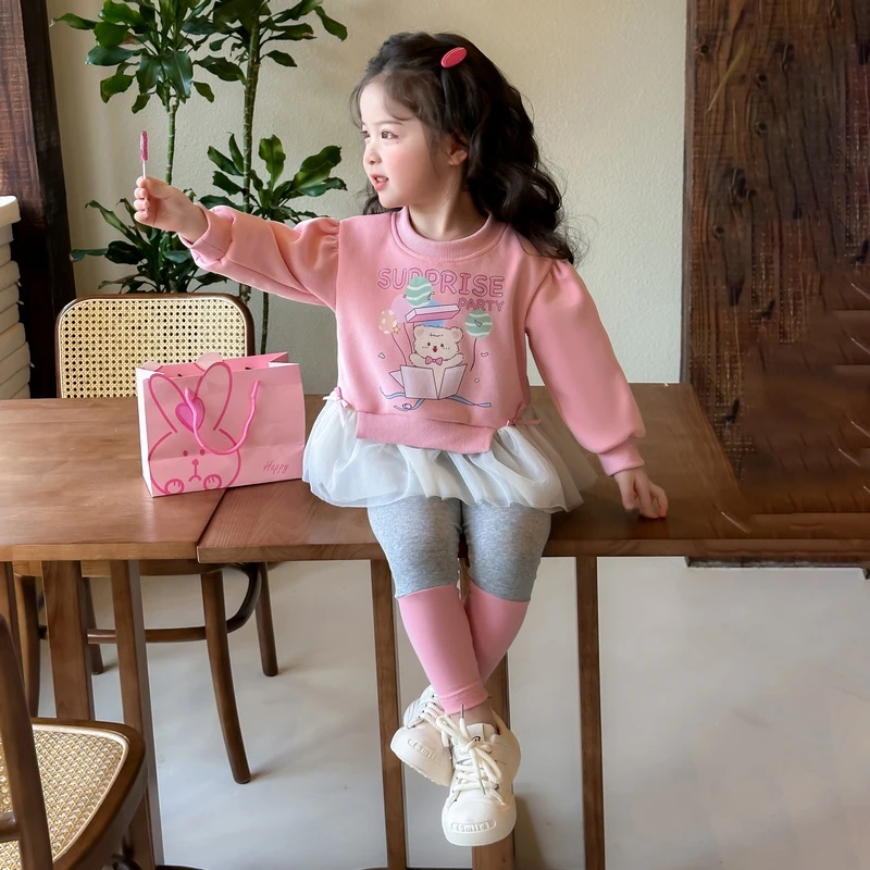 女宝宝网纱卫衣套装2025春秋新款小女孩打底裤休闲两件套女童洋气