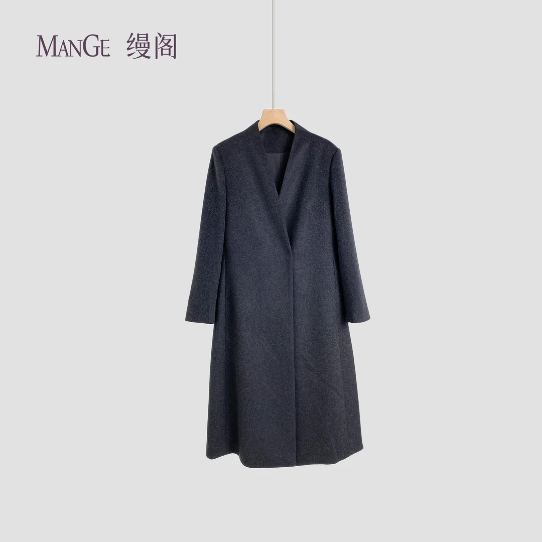 MANGE缦阁 羊毛山羊绒混纺 极简风 设计感交叉领 中长款毛呢外套