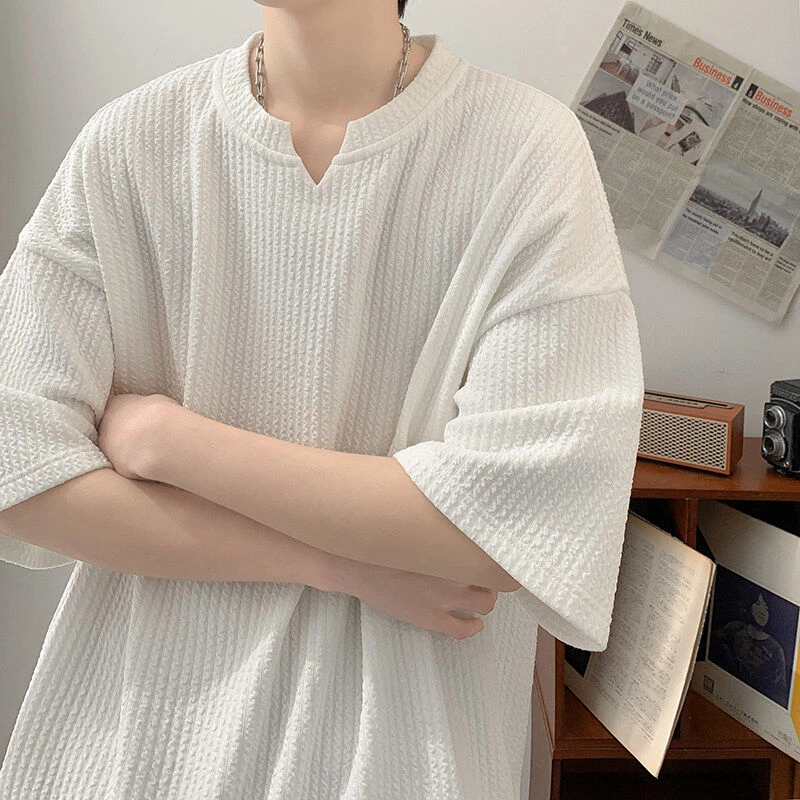 港风肌理感V领大码短袖T恤男夏季潮牌纯色百搭五分袖oversize大码