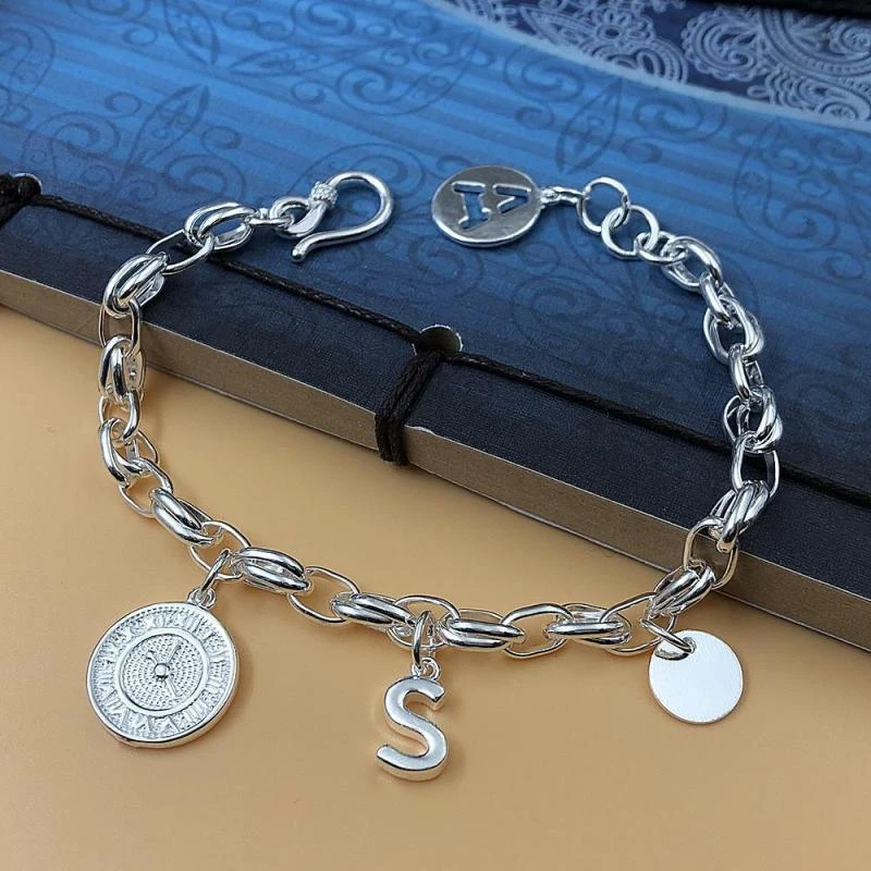 足银手链 银手链女999纯银日韩S字母时钟手链ins小众设计时尚闺蜜