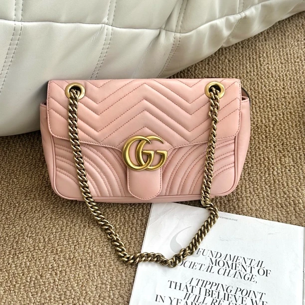 99新 GUCCI/古驰 淡粉色双G马蒙