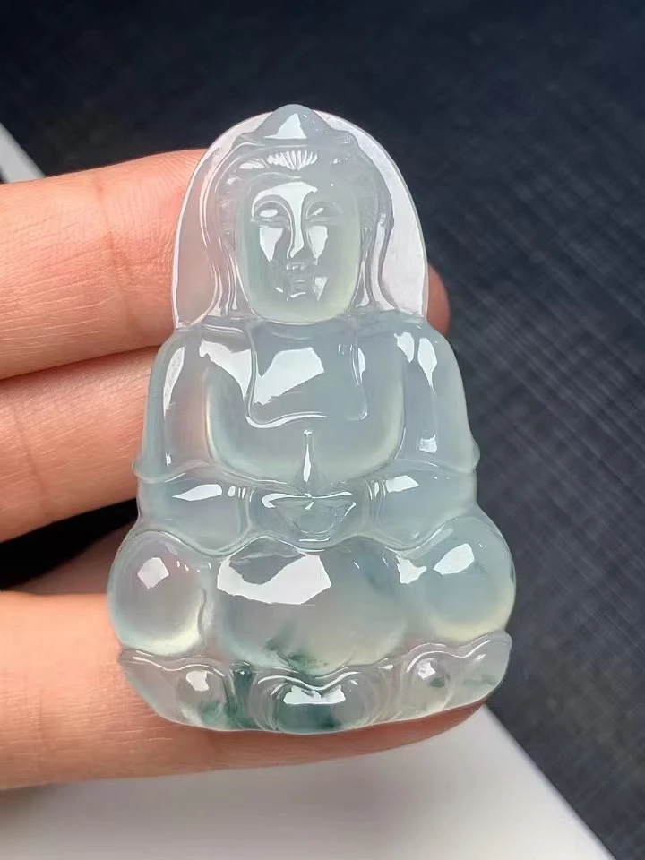 缅甸天然a货翡翠高冰晴底飘花观音吊坠a5尺寸 50/32.4/6.4