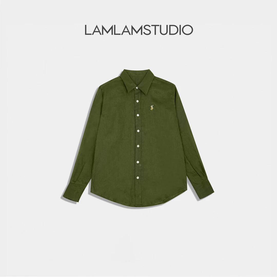 “复古绿”【100%亚麻】经典刺绣翻领百搭单排扣衬衫 张一琳 L255590T