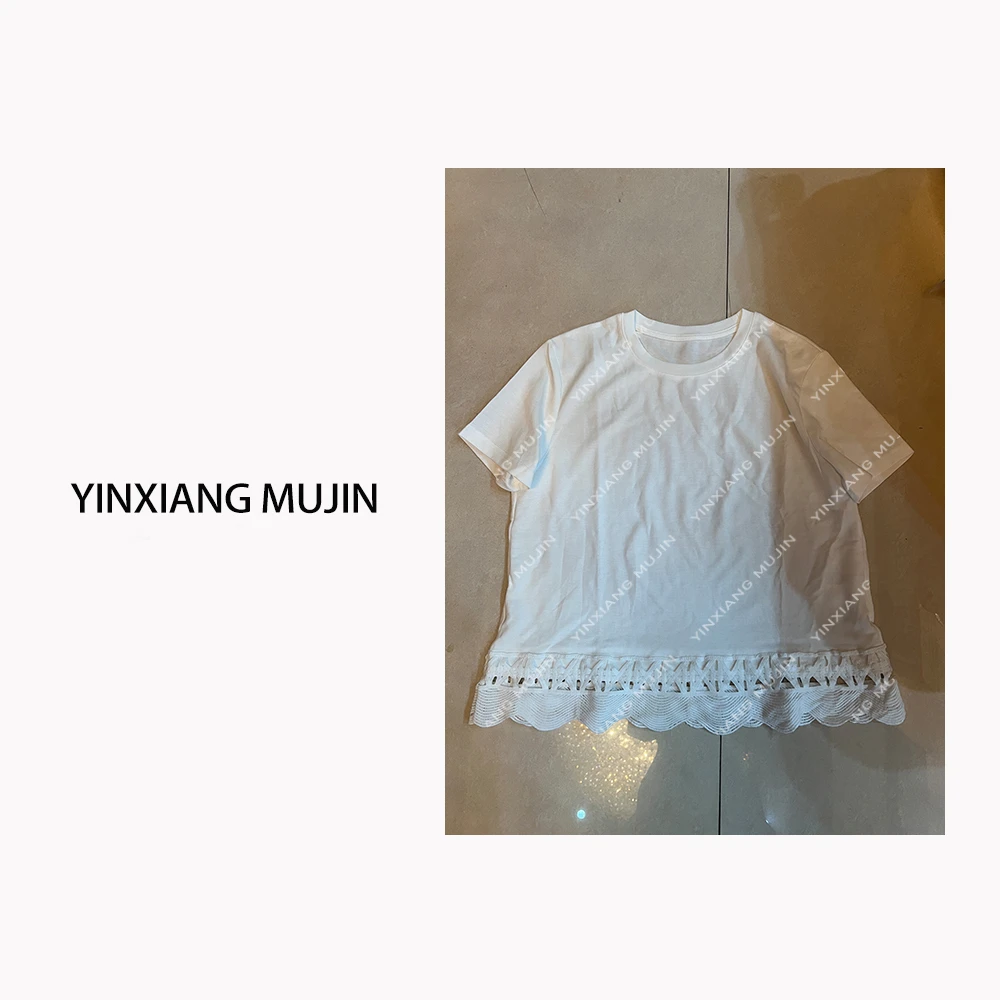 【YINXIANGMUJIN】波浪拼接T恤 设计师下摆短袖上衣女圆领套头上衣