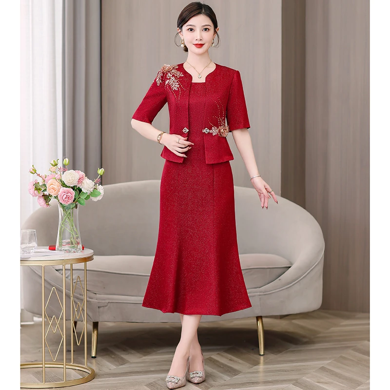 婚礼连衣裙妈妈装婚宴礼服喜婆婆装敬酒连衣裙2025夏洋气时尚裙子