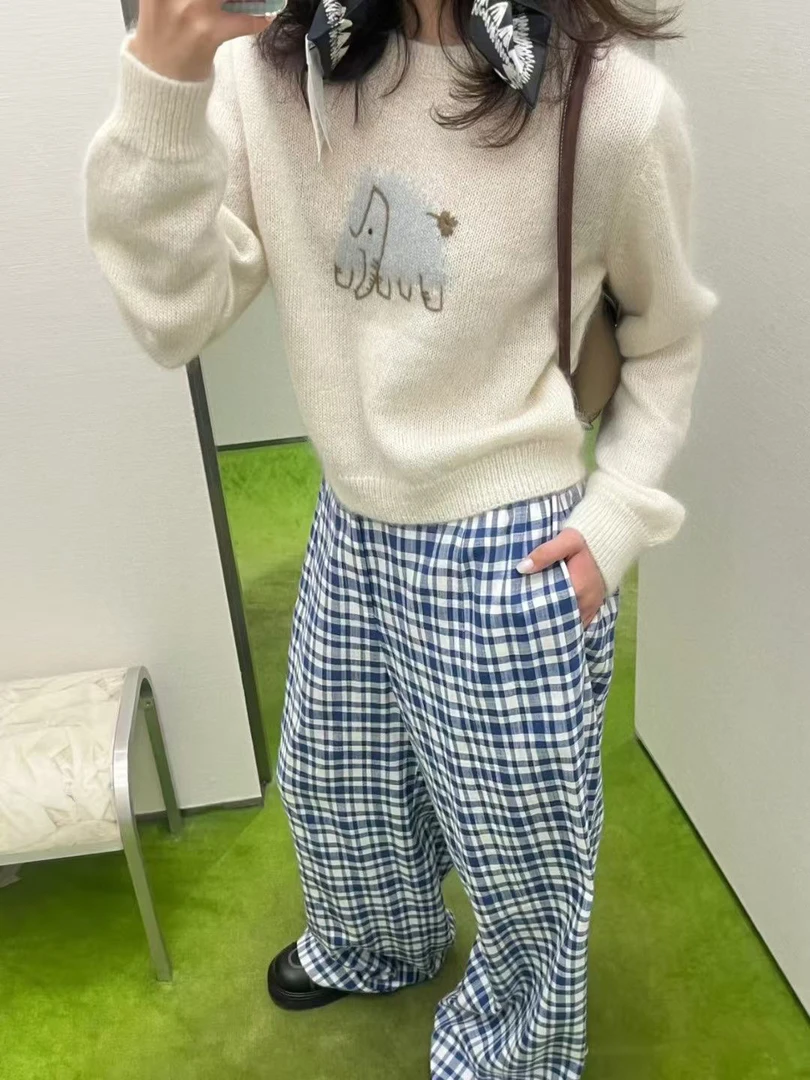 LuoXue短句蓝白格纹休闲宽松亚麻阔腿遛弯裤