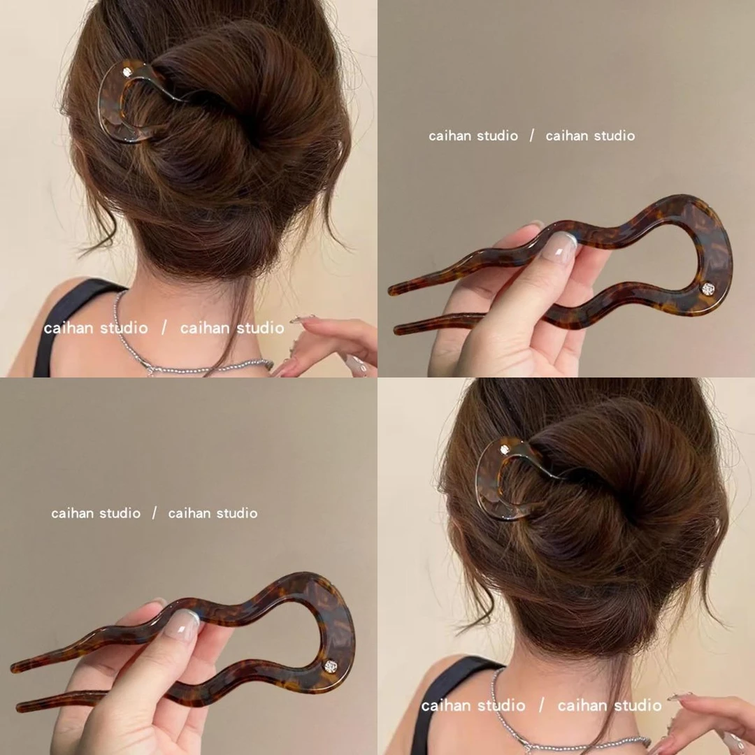 琥珀蓝棕！简约u型发簪！日常丸子头盘发发钗女2024新款醋酸发饰