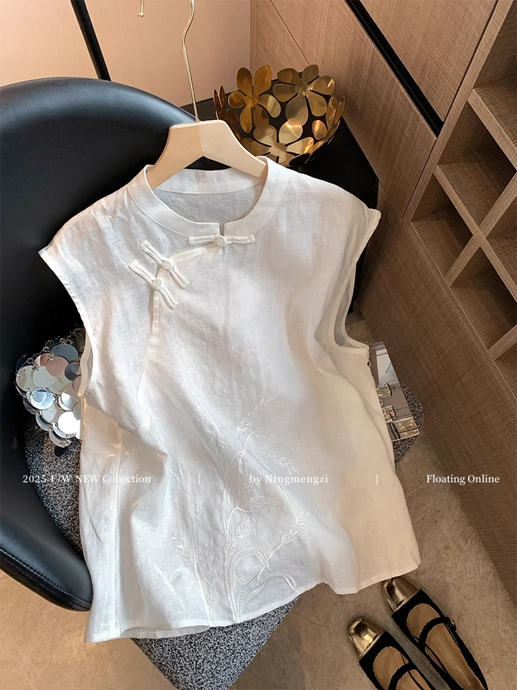 新中式刺绣斜襟盘扣背心女2025夏季新款简约时尚松弛亚麻无袖上衣