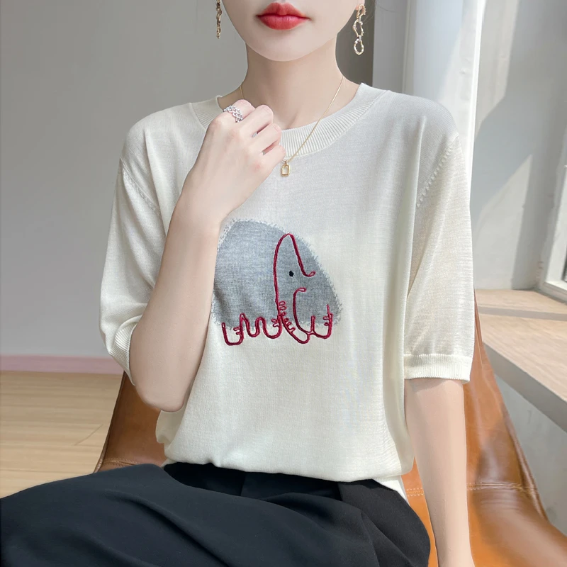 品牌夏季新款大象刺绣针织衫T恤女圆领时尚百搭显瘦上衣