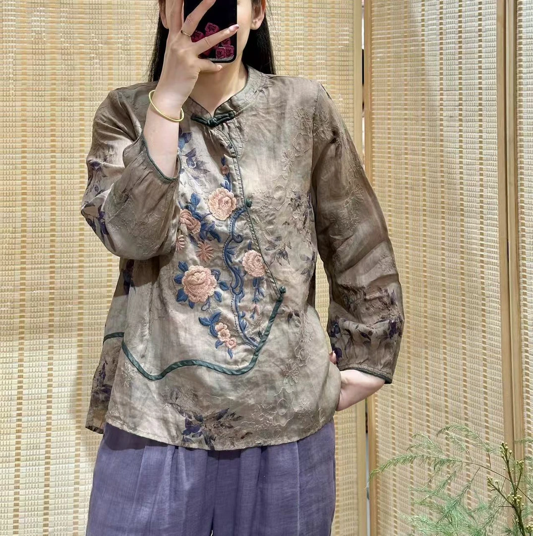 新中式宽松苎麻小衫刺绣圆领碎花长袖上衣1200肩40胸112长64
