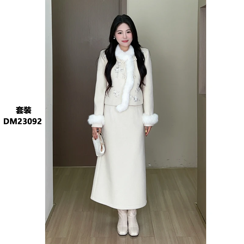 【铃兰雪】冬季国风新中式气质氛围感米白色贵气套装 DM23092 YY