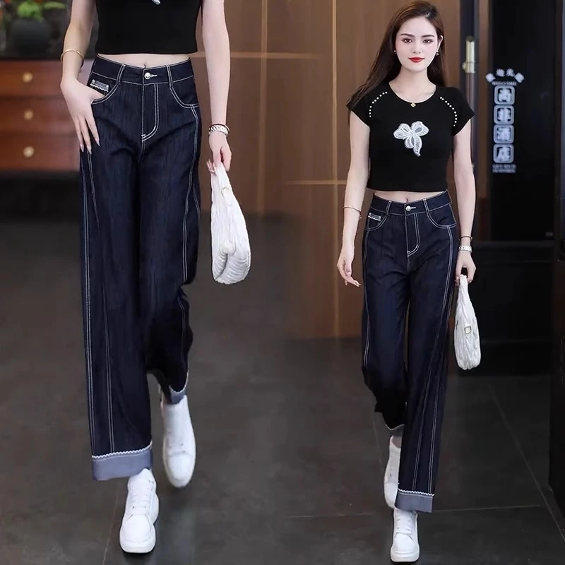 时尚薄款高腰直筒裤女2025夏季新款洋气显瘦清凉垂感休闲八分裤潮