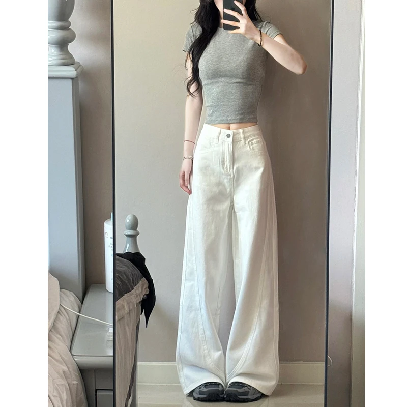 白色休闲镰刀牛仔裤女2025秋冬宽松垂感阔腿裤高腰显瘦工装直筒裤