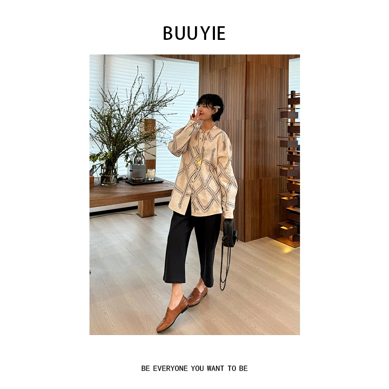 BUUYIE 25SS【蕴墨】时尚圆领小众草纹长袖衬衫外套 250407
