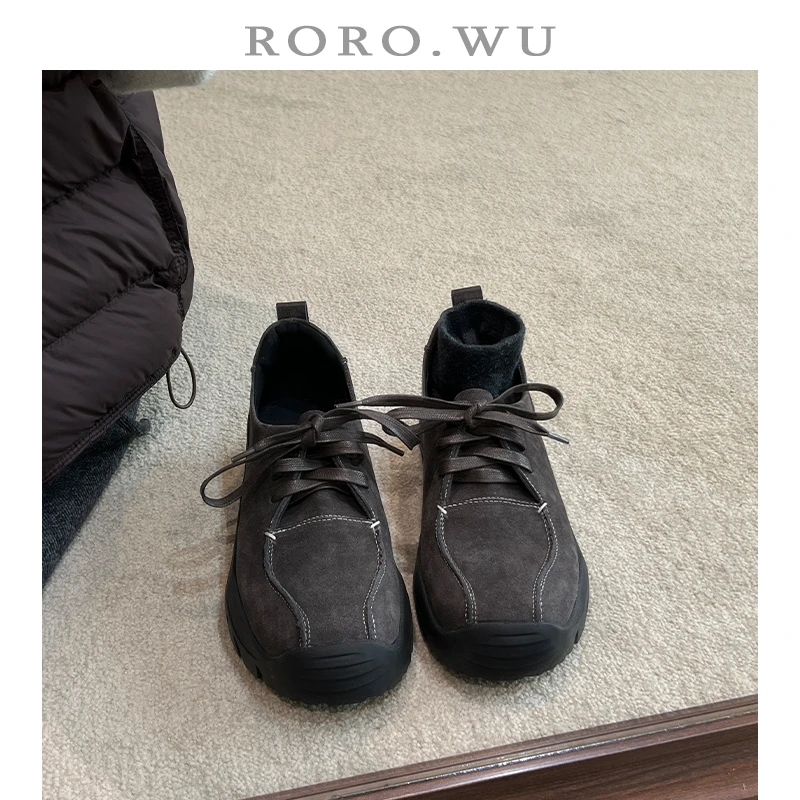 娆娆吴·磨砂牛皮复古英伦学院风系带休闲运动春季新款深口单鞋D15