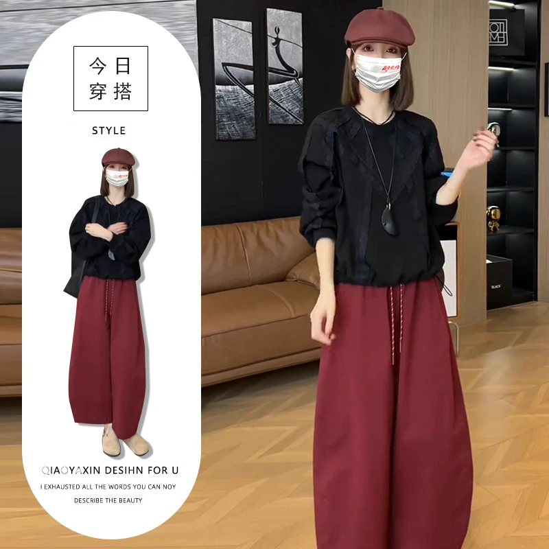 韩系宽松减龄套装女2025早春新款设计感气质套头上衣+高腰休闲裤