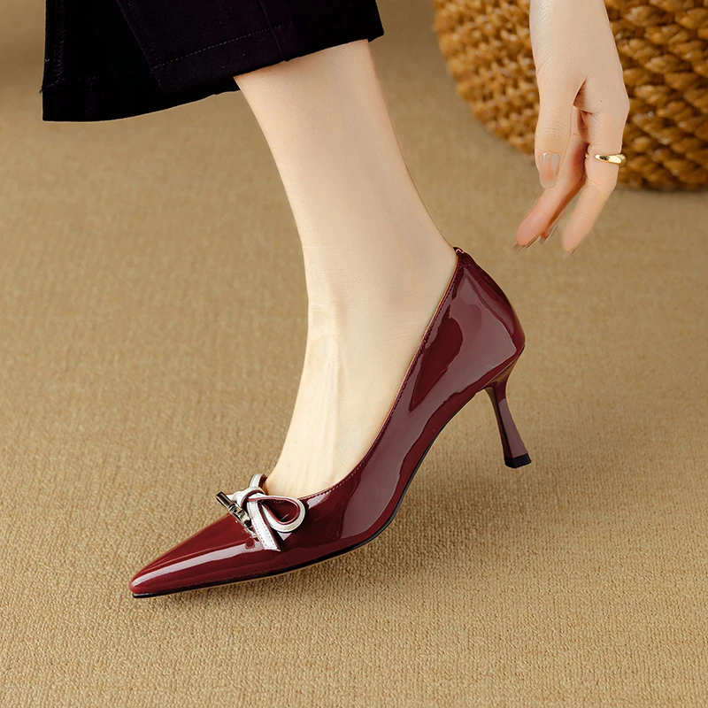 6.5cm细跟蝴蝶结高跟鞋尖头酒红色性感单鞋真皮百搭通勤工作鞋子