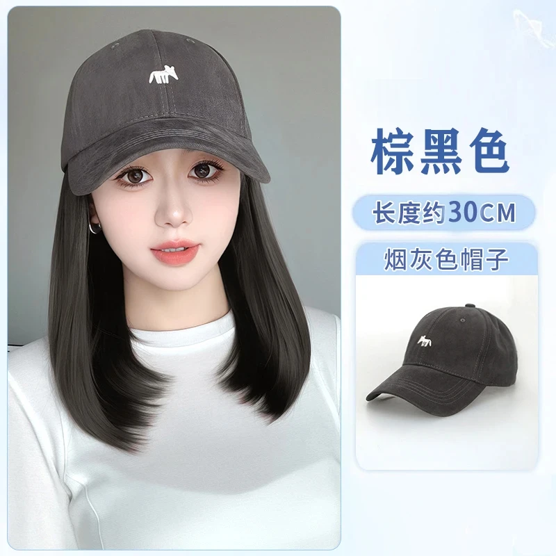 假发帽子一体女秋季新款刺绣棒球帽子短直发时尚带假头发内扣帽子