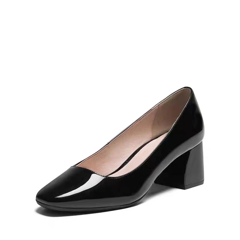 优雅镜面单鞋纯色通勤工装鞋粗中跟鞋女鞋百搭粗跟低跟舒适女士