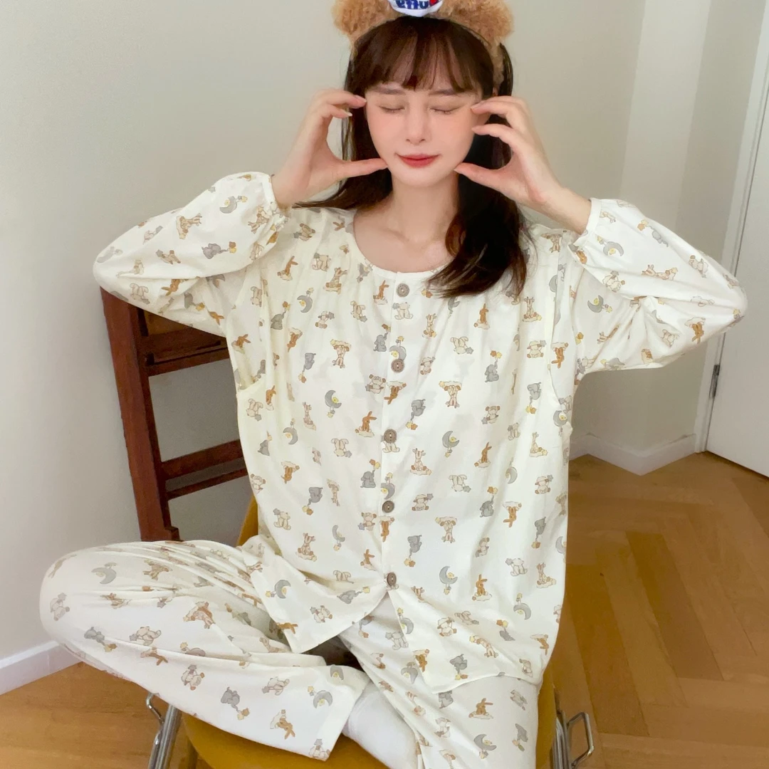 【带胸垫】月子服春夏产后哺乳夏季卡通睡衣开衫宽松孕妇喂奶待产妇