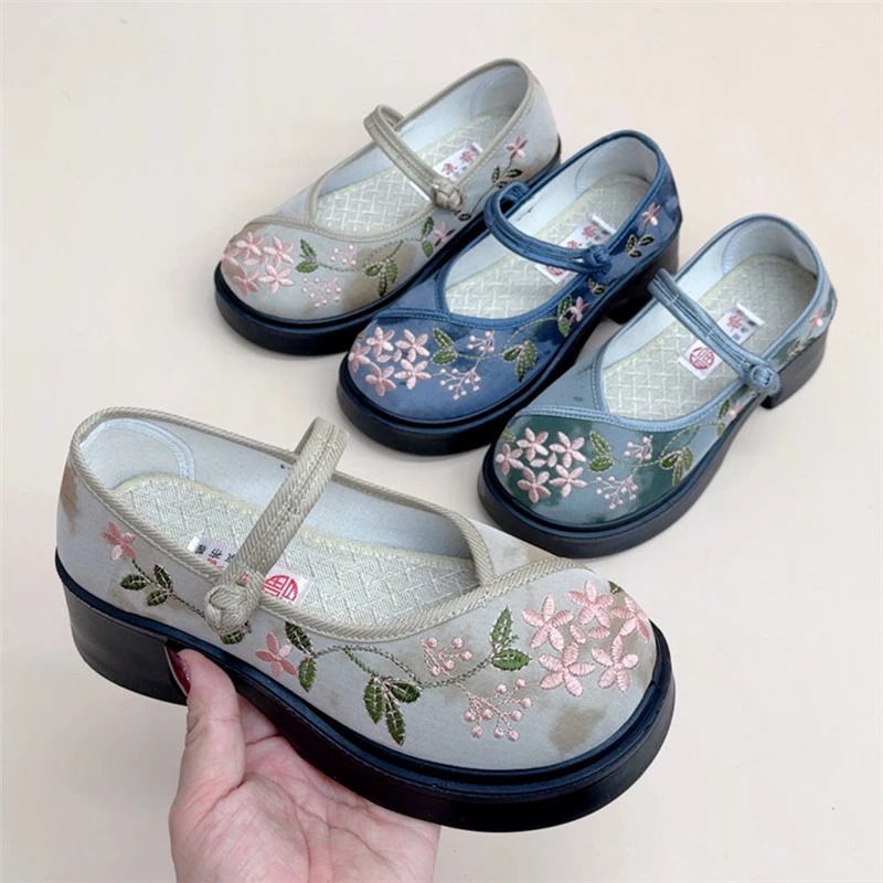 新中式国风汉服绣花鞋轻便舒适时尚厚底玛丽珍高跟鞋老北京布鞋