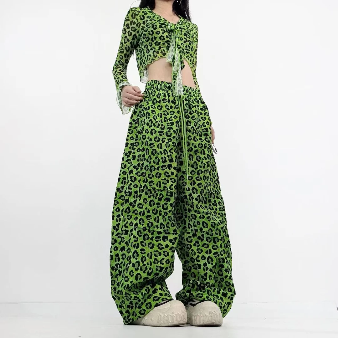 豹纹阔腿裤极简风常规长裤休闲裤阔腿高腰百搭舞蹈