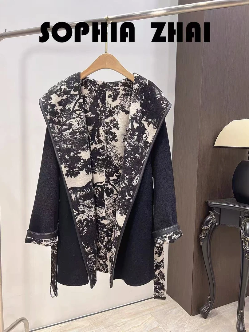 DI*R刺绣老虎，99%羊毛,1%桑蚕丝欧货双面羊毛呢大衣系带中长外套