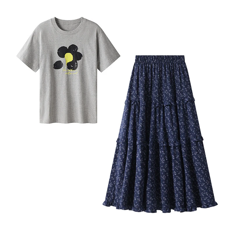 YF夏季穿搭一整套女新款花朵印花百褶裙套装两件套高级感2225