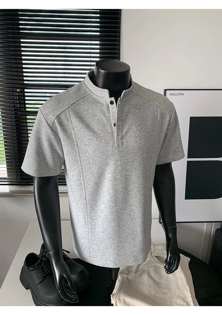 WALLUPRATION短袖亨利领夏季美式拼接翻领T恤时尚潮流法式