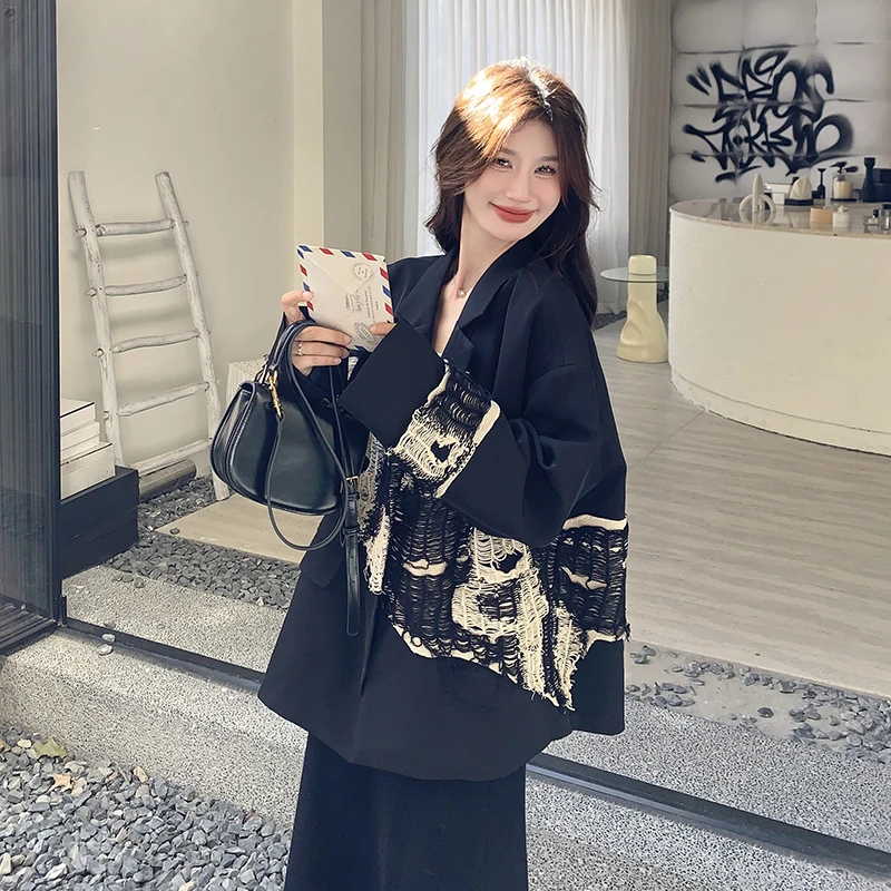 黑色西装外套女2025春季新款高级感宽松长袖休闲开衫独特别致上衣