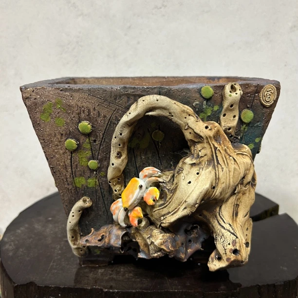 【红蟹枯荷·雨田花器·手作粗陶多肉盆】秋日限定！立体红蟹栖枯荷