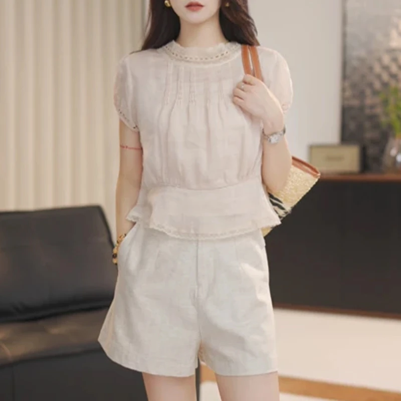2026新款法式蕾丝拼接泡泡短袖衬衫+短裤宽松显瘦百搭洋气两件套