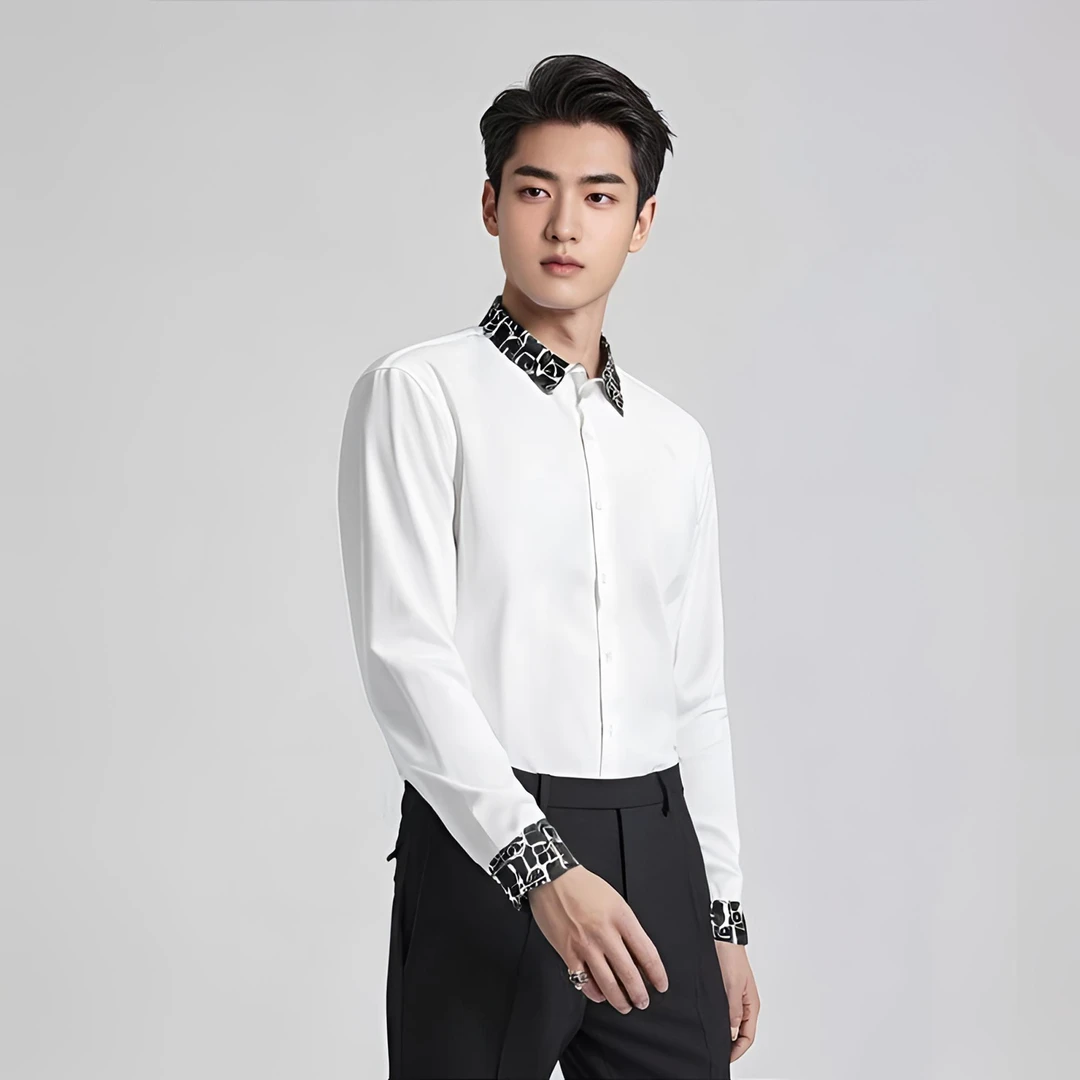 男士字母长袖亲肤弹力正装衬衫潮流春季简约商务时尚修身秋季