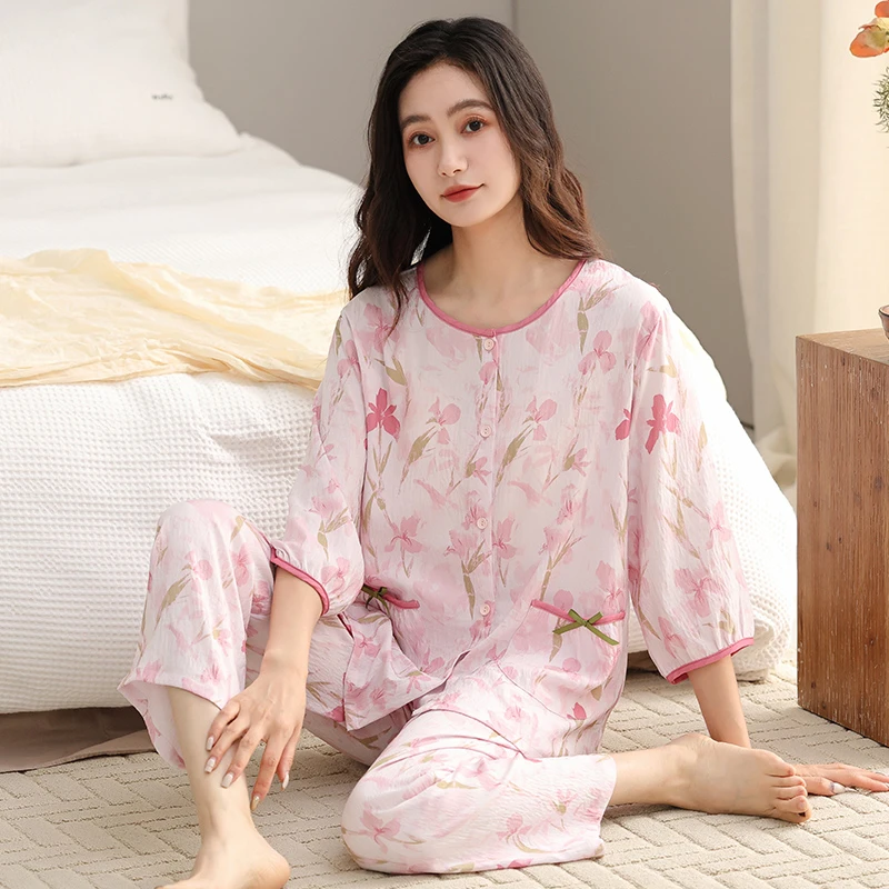 夏季新款棉质五分袖七分裤睡衣套装休闲舒适宽松可外穿女