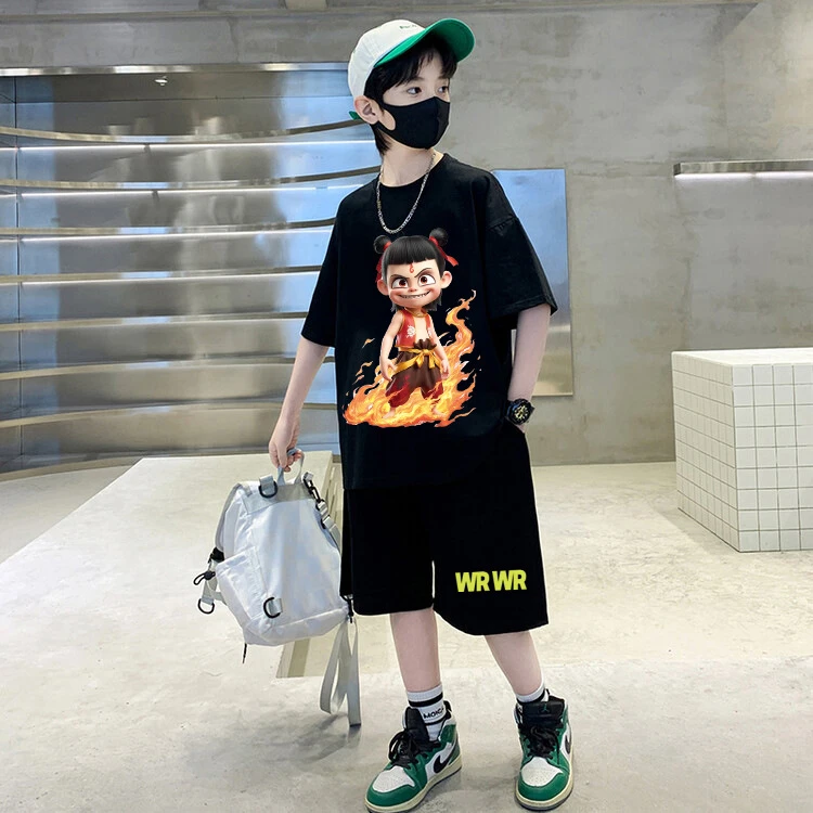 男童套装卡通动漫哪吒纯棉短袖夏季中大童宽松潮流酷帅印花洋气潮