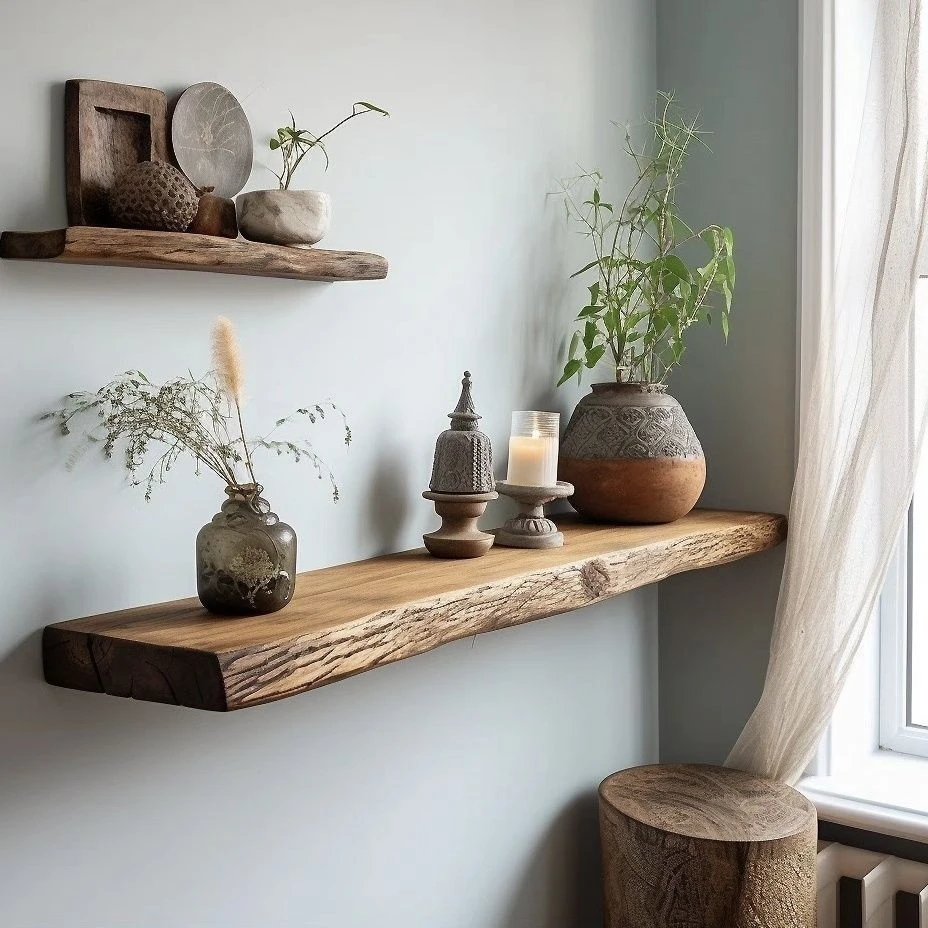 自然边老榆木一字书架搁板墙壁客厅层板展示架挂墙背景墙原生态