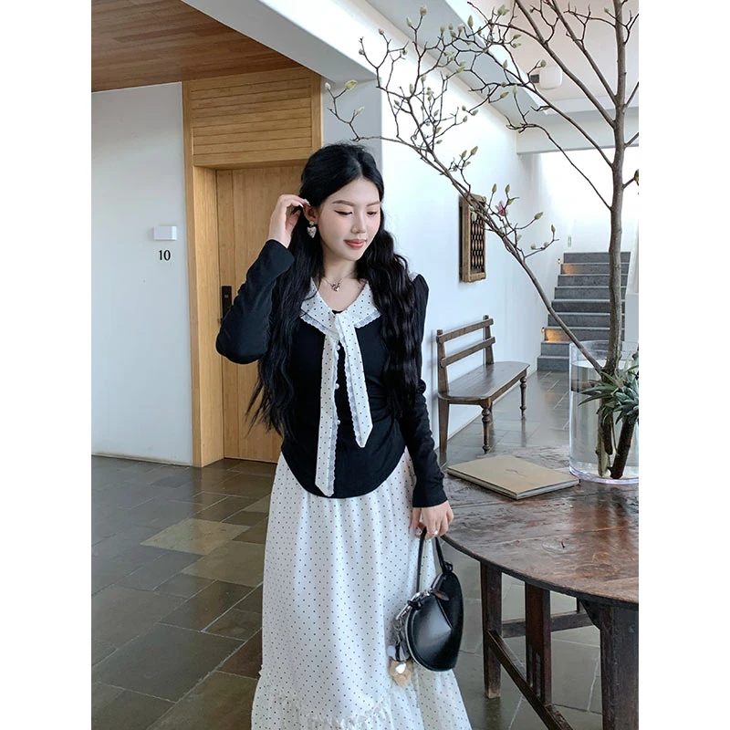 【奶油慕斯上衣】甜辣多多2025春季针织拼接梭织波点海军领上衣女