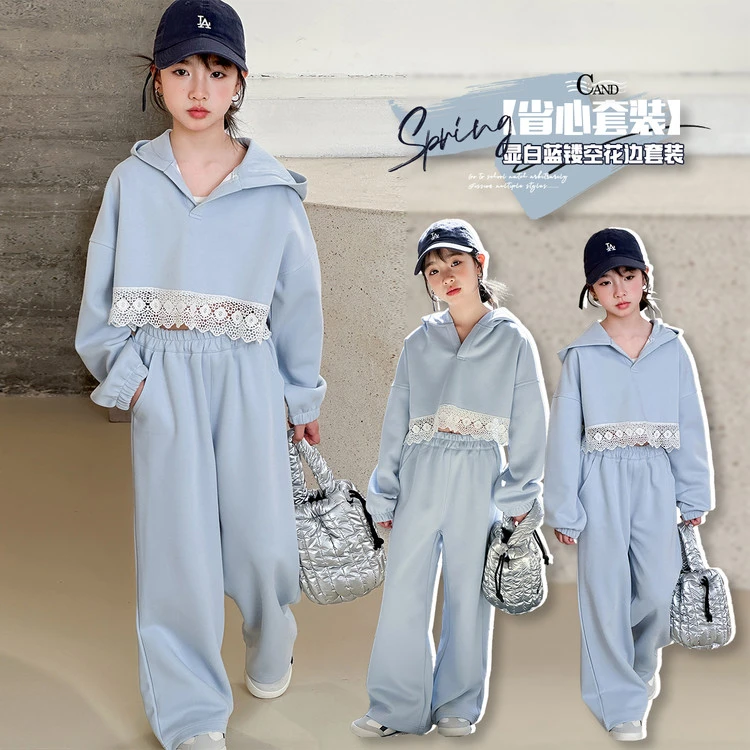 2025新款春季儿童蓝色洋气时尚蕾丝边宽松休闲花边白蓝小女宝夏装