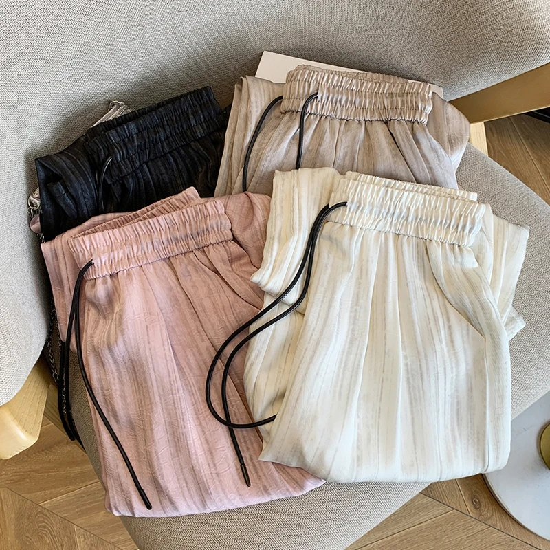 缎面白色阔腿休闲裤女夏季垂感宽松直筒裤子抽绳高腰拖地长裤