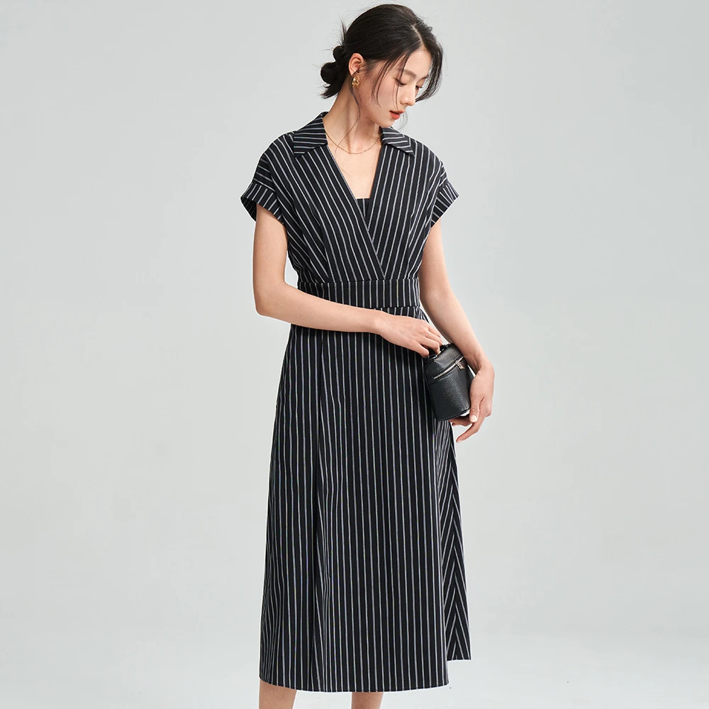 【盛都直播】时髦精致范经典撞色条纹小飞袖简约翻领连衣裙18418