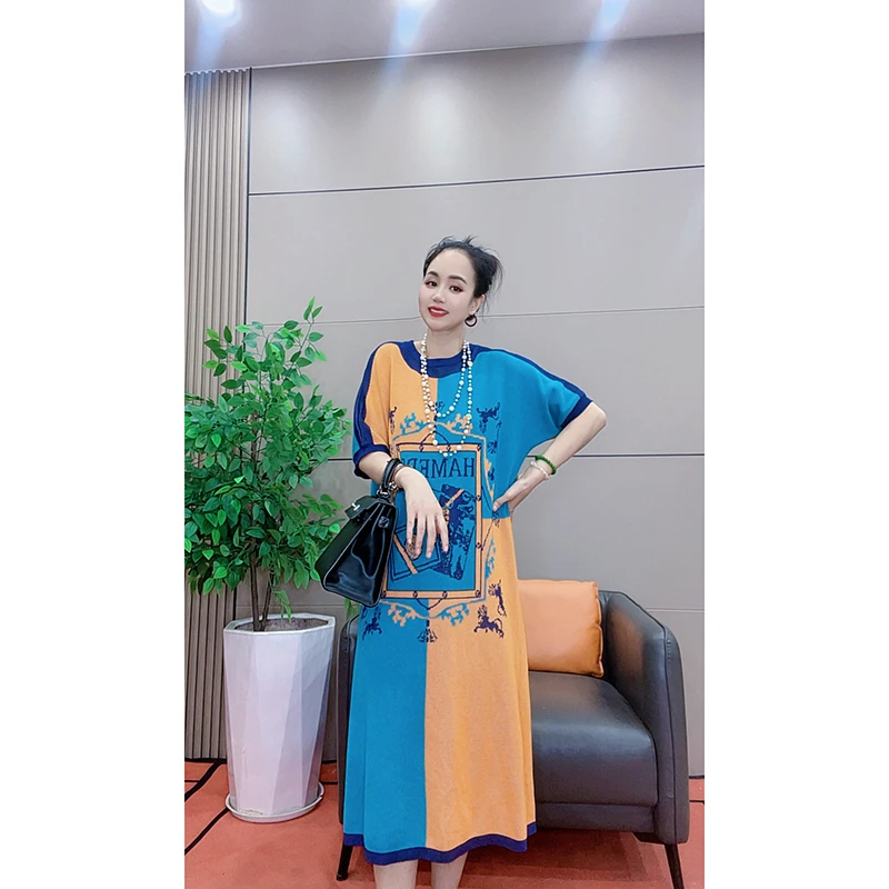 4073 时尚撞色夏季中长款宽松大码连衣裙