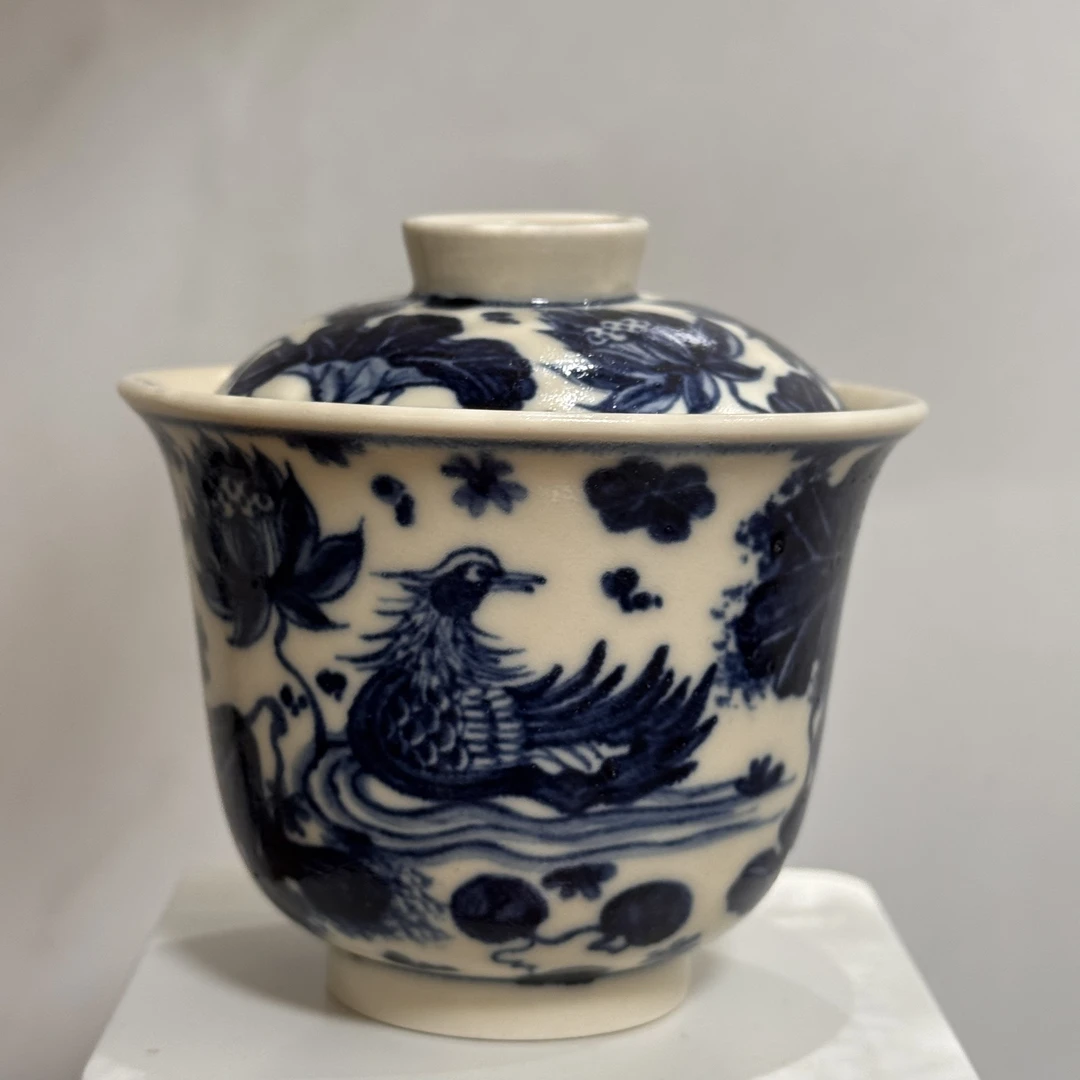 幽蓝溪堂仿元青花手工手绘原矿仿古泥二号釉鸳鸯盖碗