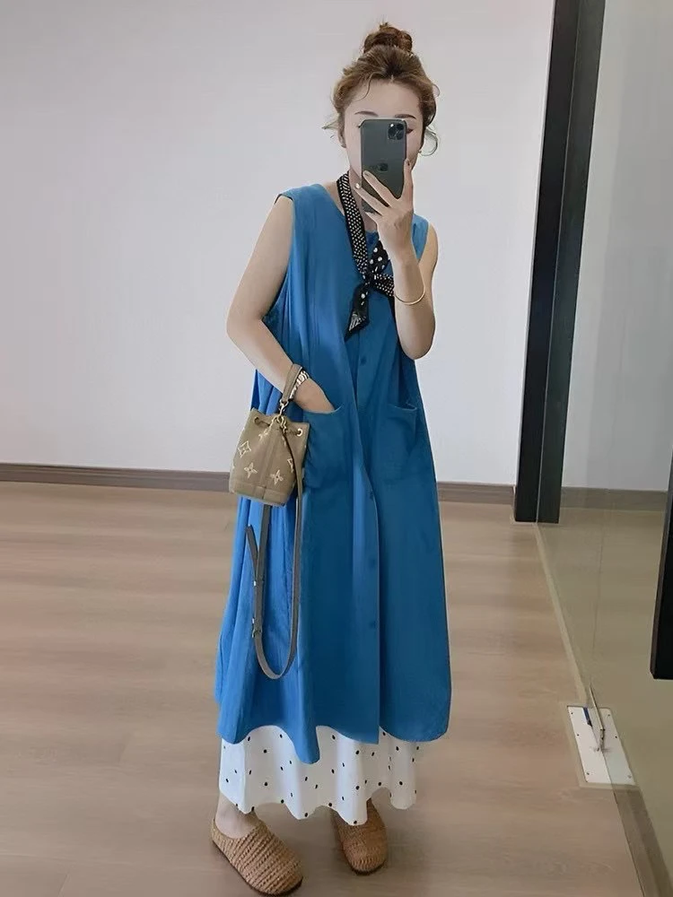 韩系高级感盐系轻熟无袖连衣裙配波点裤7031